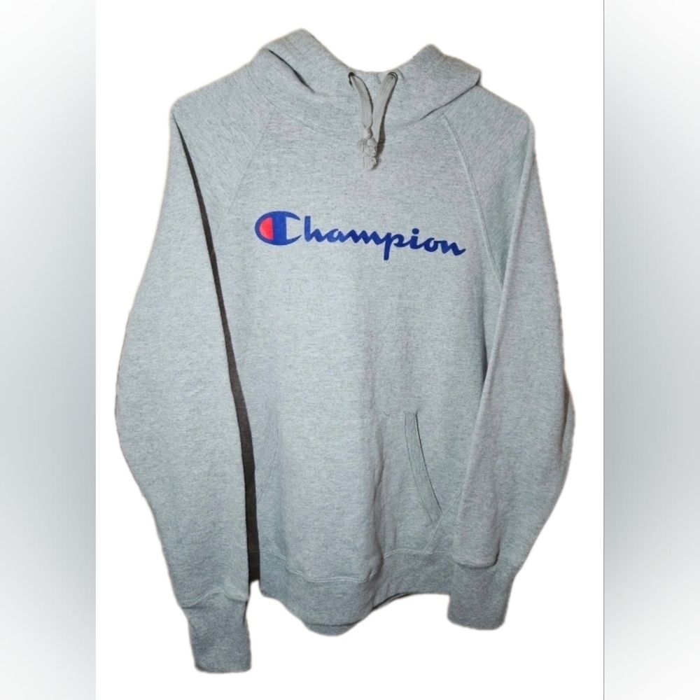 Champion Light Gray Hoodie with Blue Logo